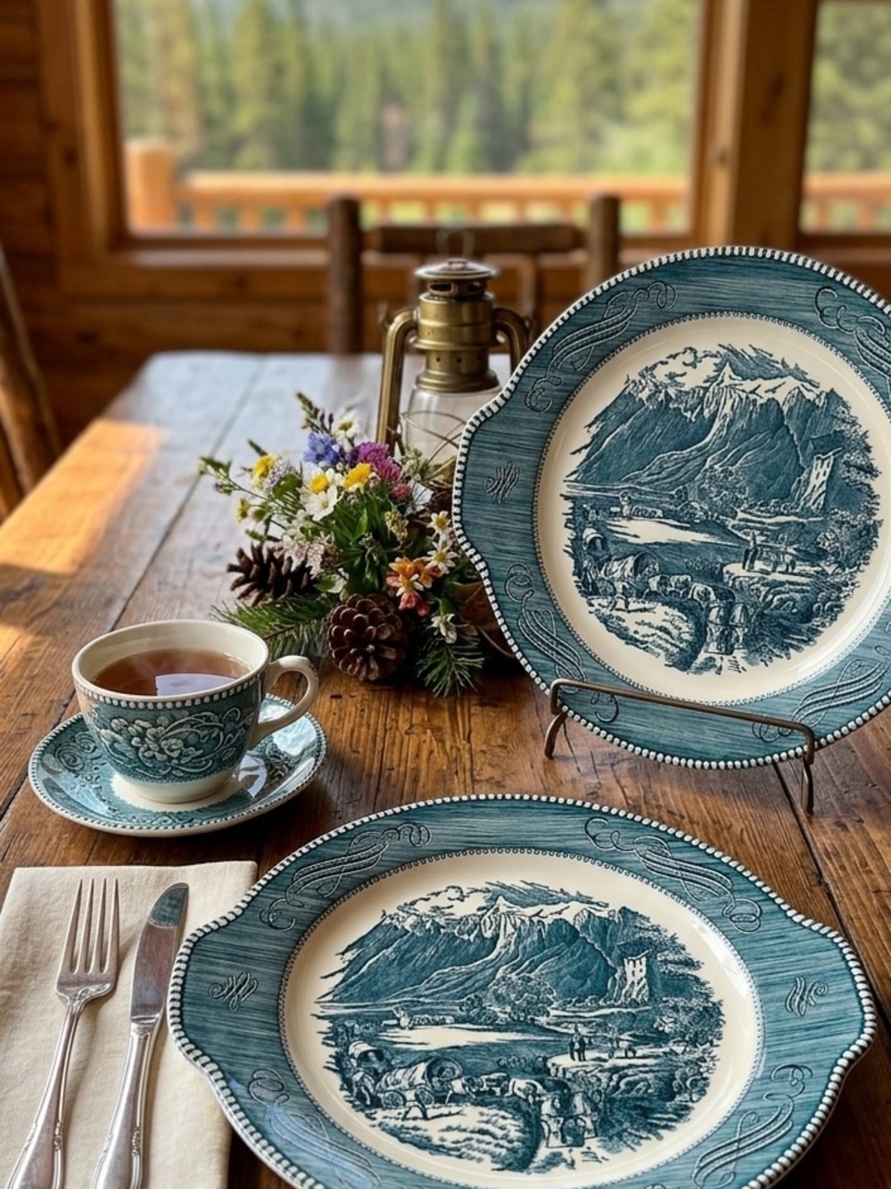 Currier & Ives 2 Vintage 11.5 Plates The  Rocky Mountains Handled Cake Plate